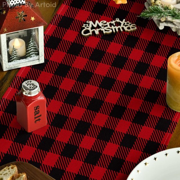 13 x 72 Inch Red and Black Buffalo Plaid Winter Tablecloth Holiday Decoration - Picture 3 of 7